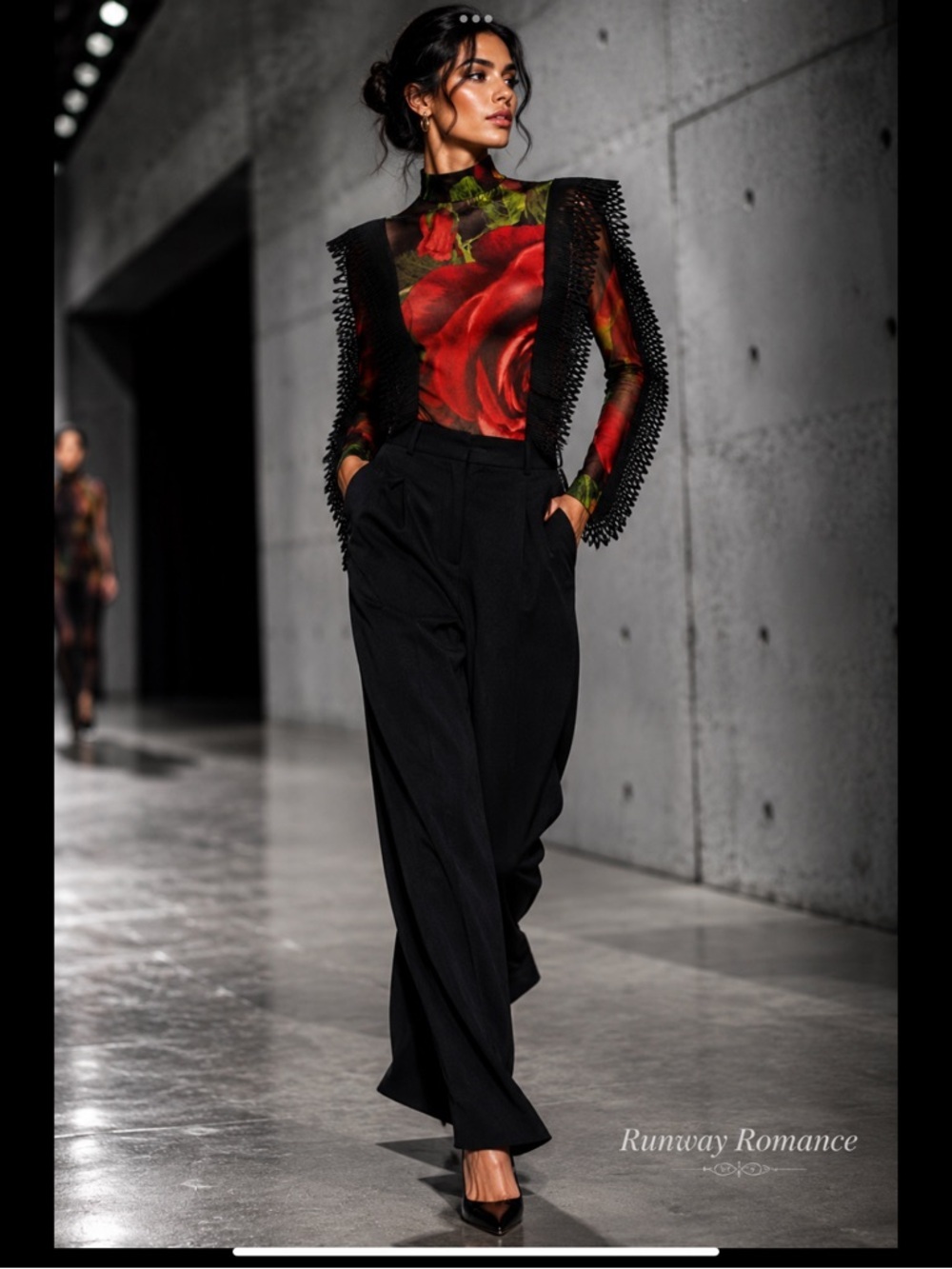 Wearable Art Romantic Goth Rose Print Mesh Bodysuit Avant Garde Statement Top - Picture 9 of 16